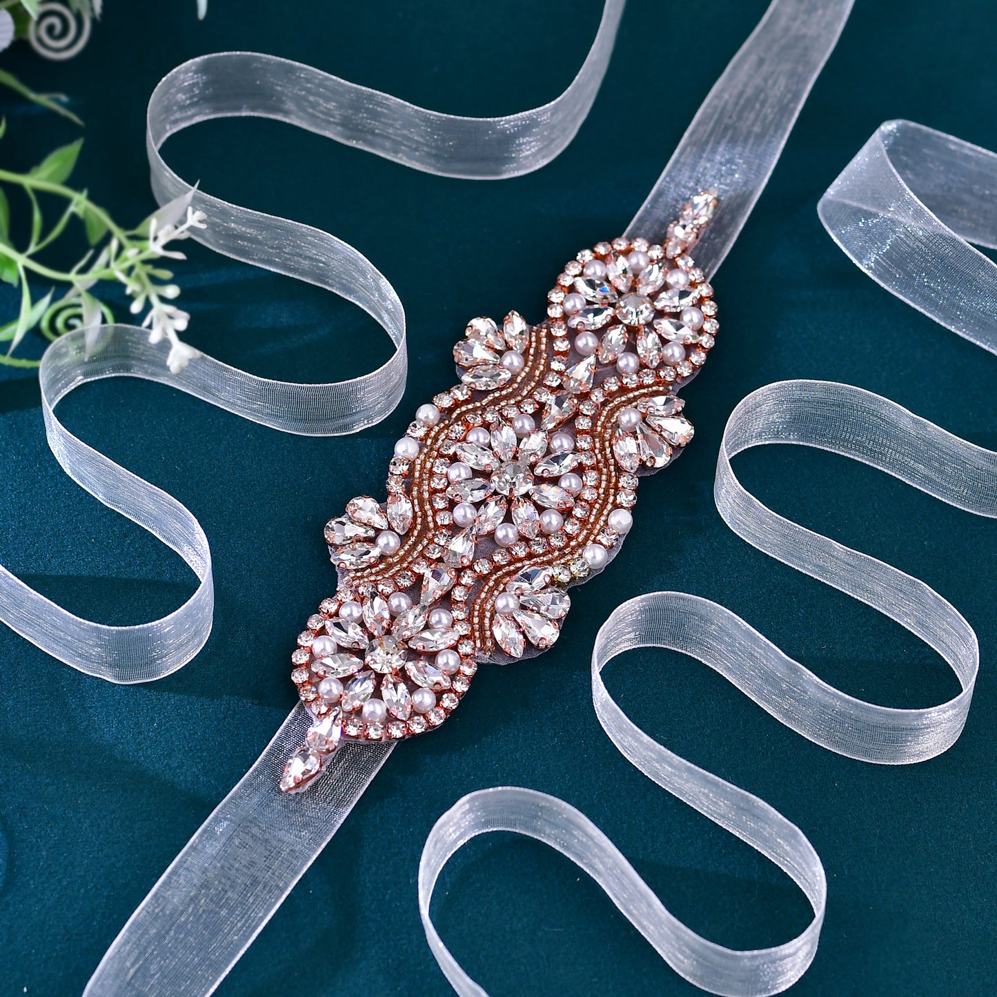 BRIDELLA BS05 Wedding Dress Belt Ivory Organza Adjustable Tie-Strap Rose Gold Diamond Accent