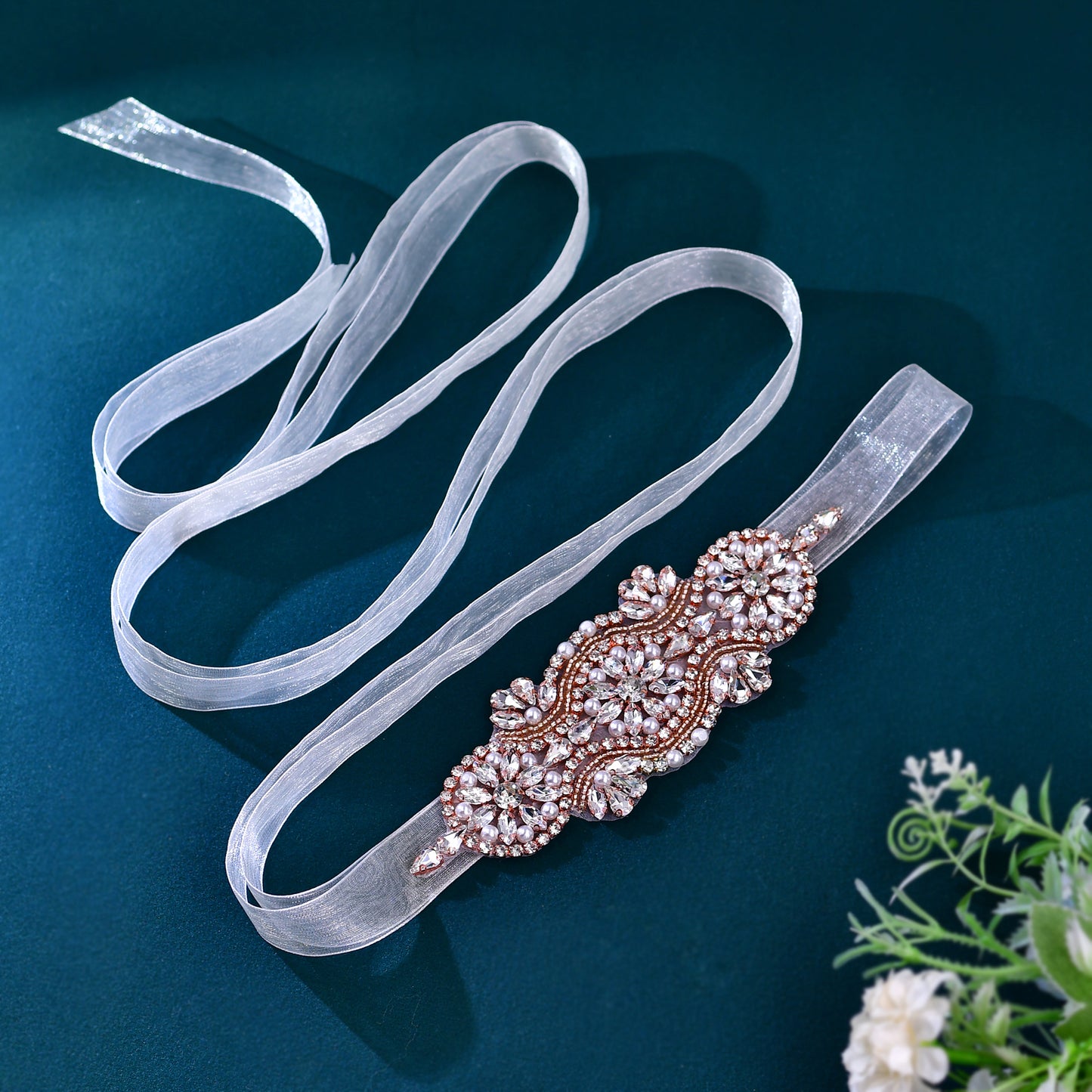 BRIDELLA BS05 Wedding Dress Belt Ivory Organza Adjustable Tie-Strap Rose Gold Diamond Accent