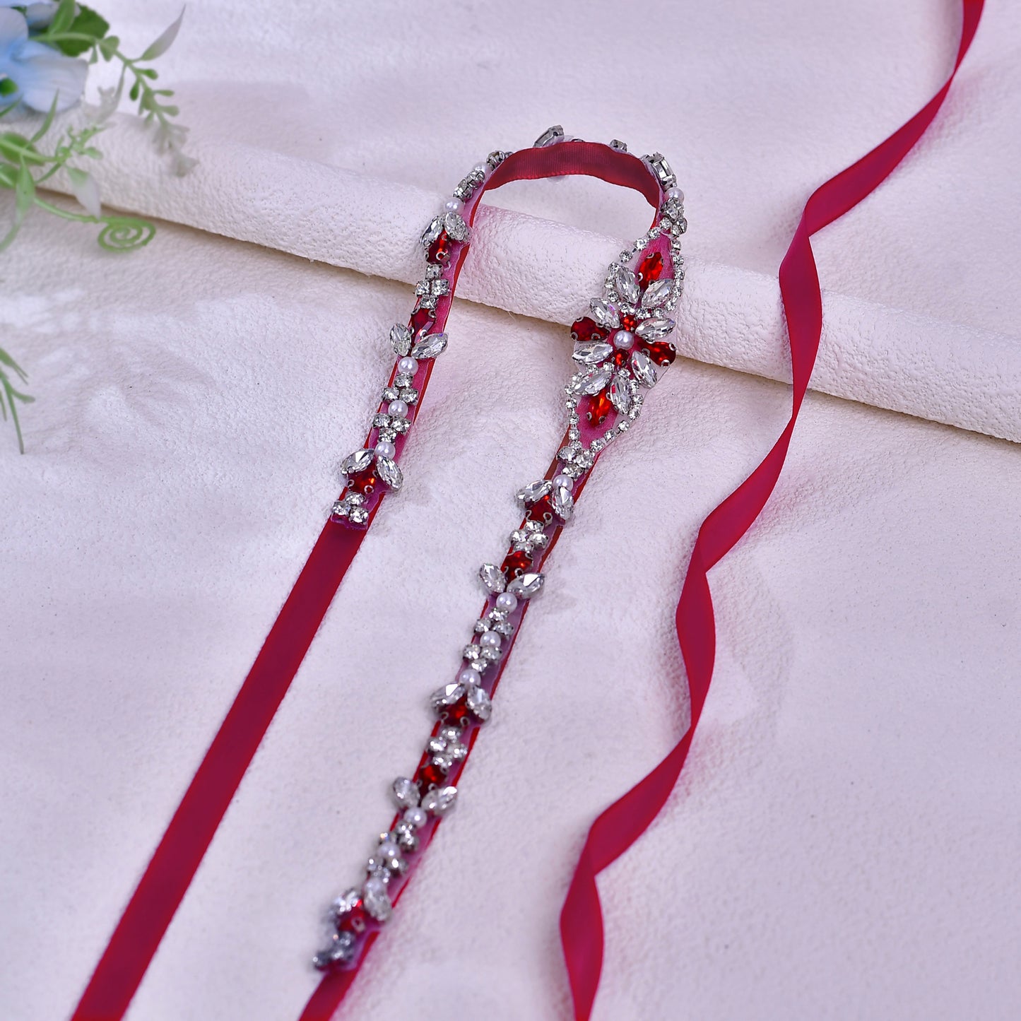 BRIDELLA BS09R Wedding Dress For Women, Red Diamond Belt, Wine Red Bow Tie
