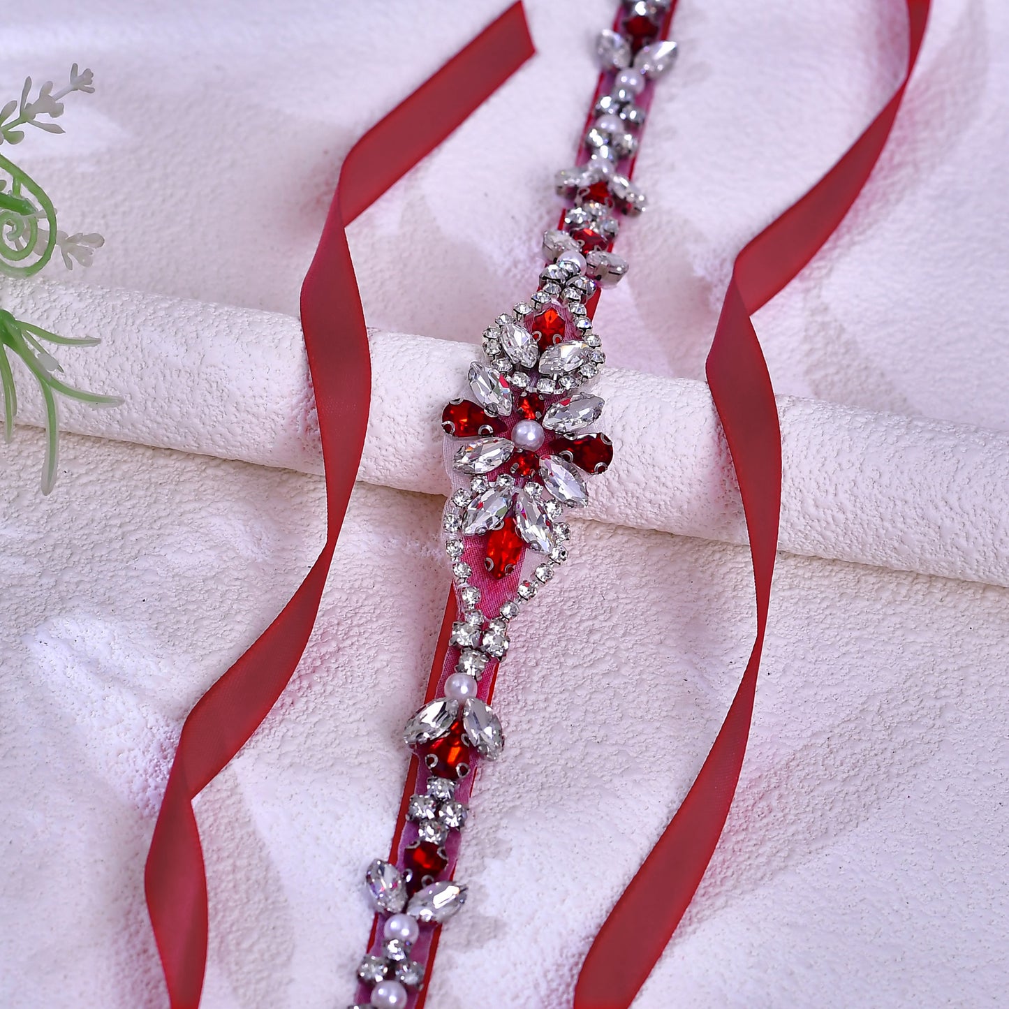 BRIDELLA BS09R Wedding Dress For Women, Red Diamond Belt, Wine Red Bow Tie