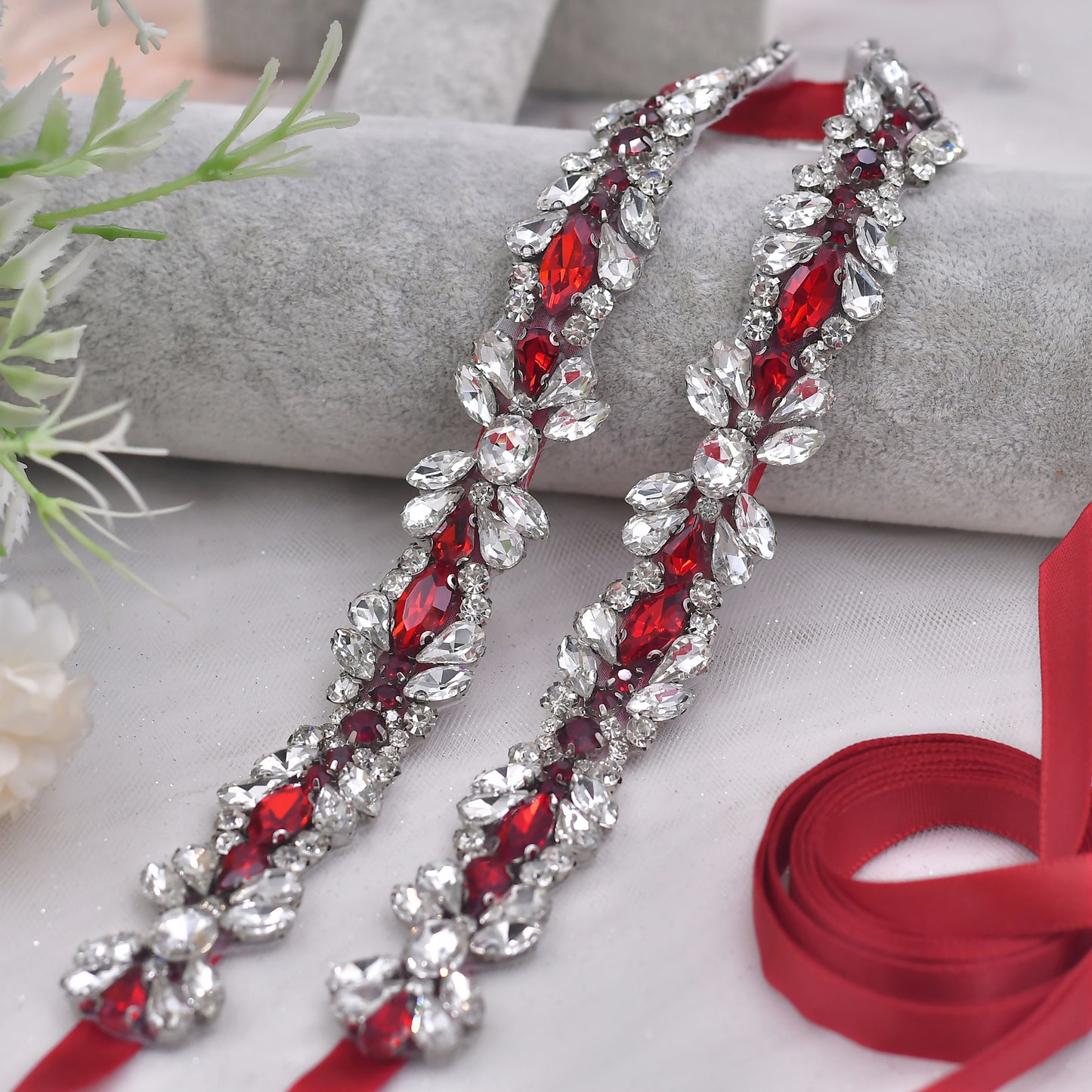 BRIDELLA BS43R Burgundy Diamond Party Dress Belt Elegant Wedding Womens Belt Waist Decoration