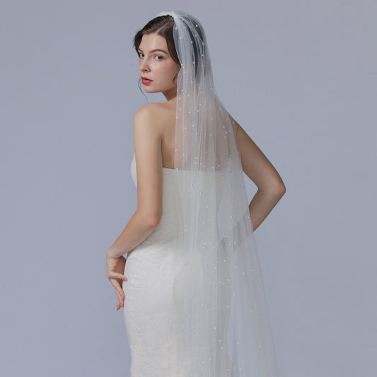 BRIDELLA BV05 Fashion Cathedral Bridal Beaded Veil Single Layer with Hair Comb Soft Yarn Wedding Accessories