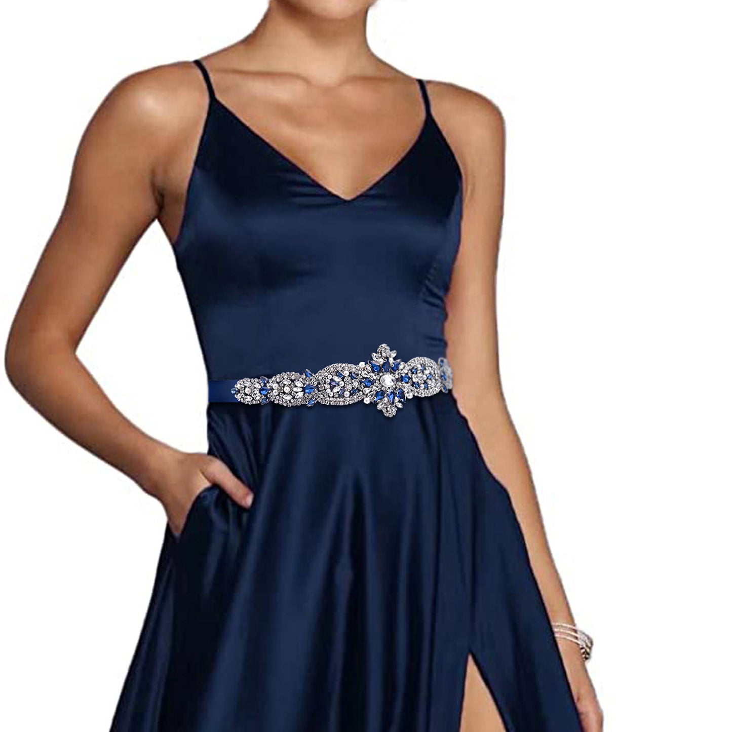 BRIDELLA BS84ML Navy Blue Dress Belt Dark Blue Diamond Handmade Beaded Luxury  Womens Belt Wedding