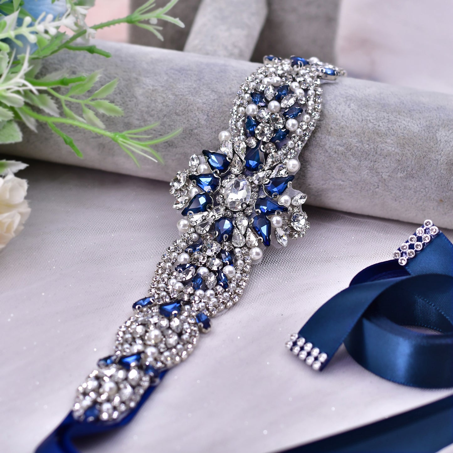 BRIDELLA BS84ML Navy Blue Dress Belt Dark Blue Diamond Handmade Beaded Luxury  Womens Belt Wedding
