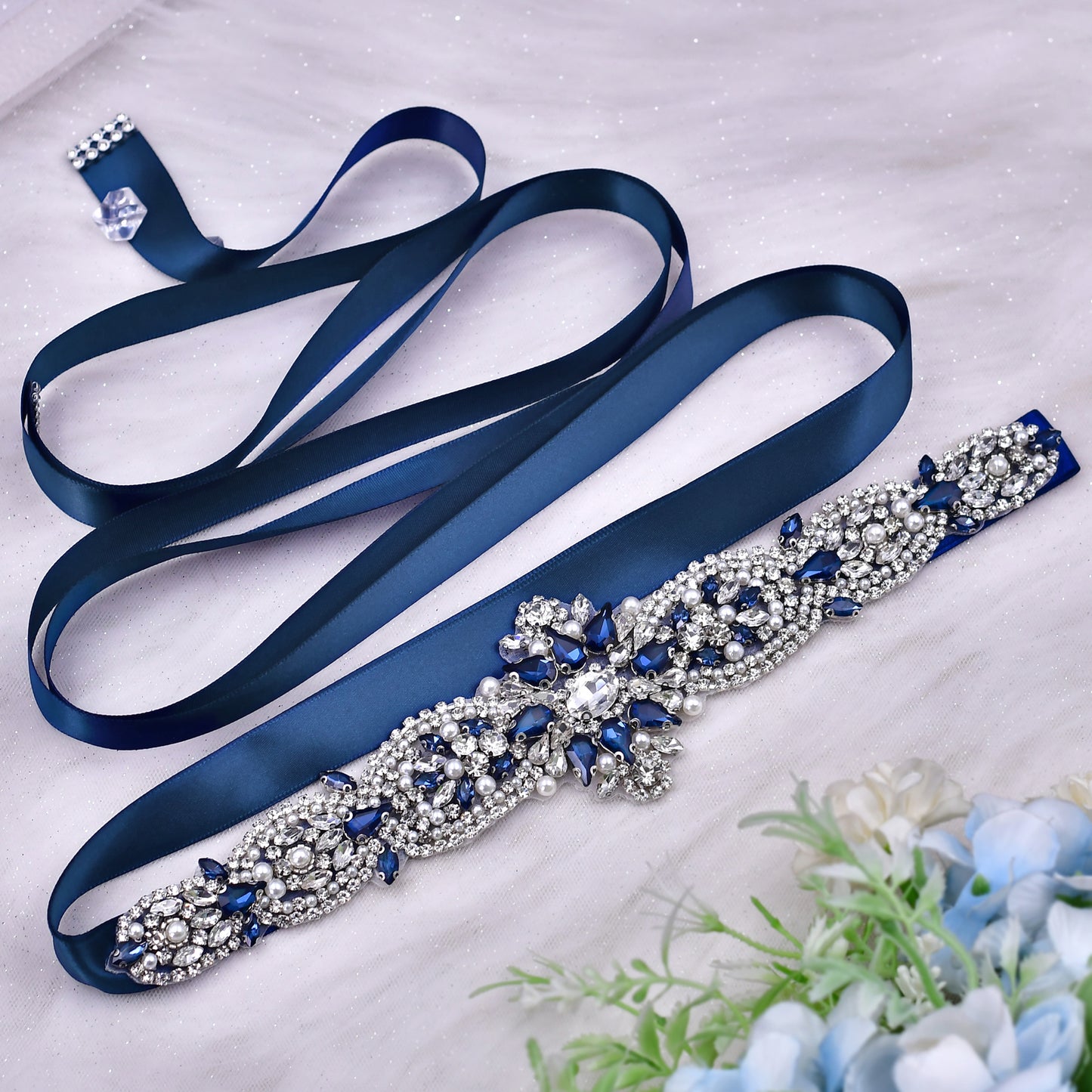 BRIDELLA BS84ML Navy Blue Dress Belt Dark Blue Diamond Handmade Beaded Luxury  Womens Belt Wedding