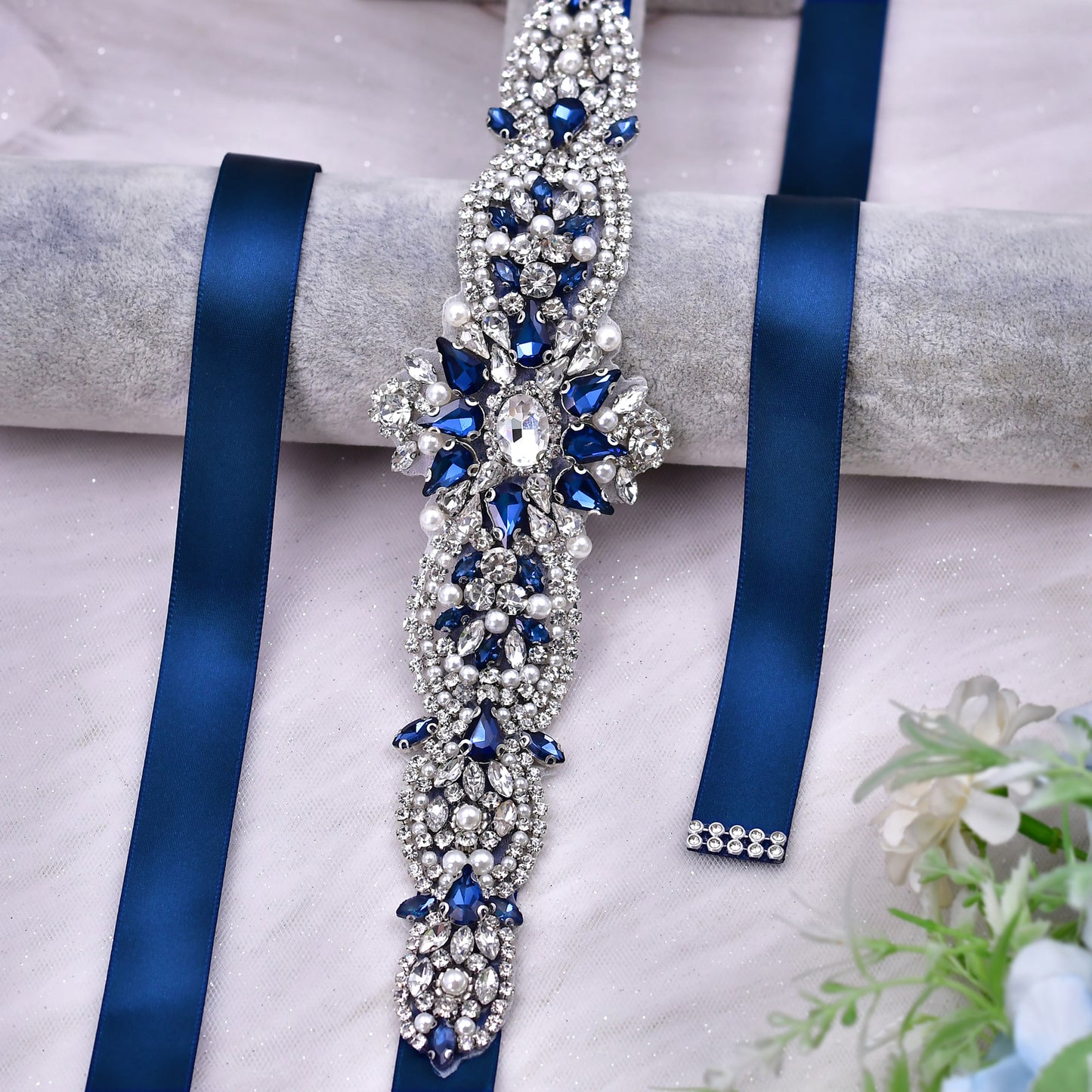 BRIDELLA BS84ML Navy Blue Dress Belt Dark Blue Diamond Handmade Beaded Luxury  Womens Belt Wedding