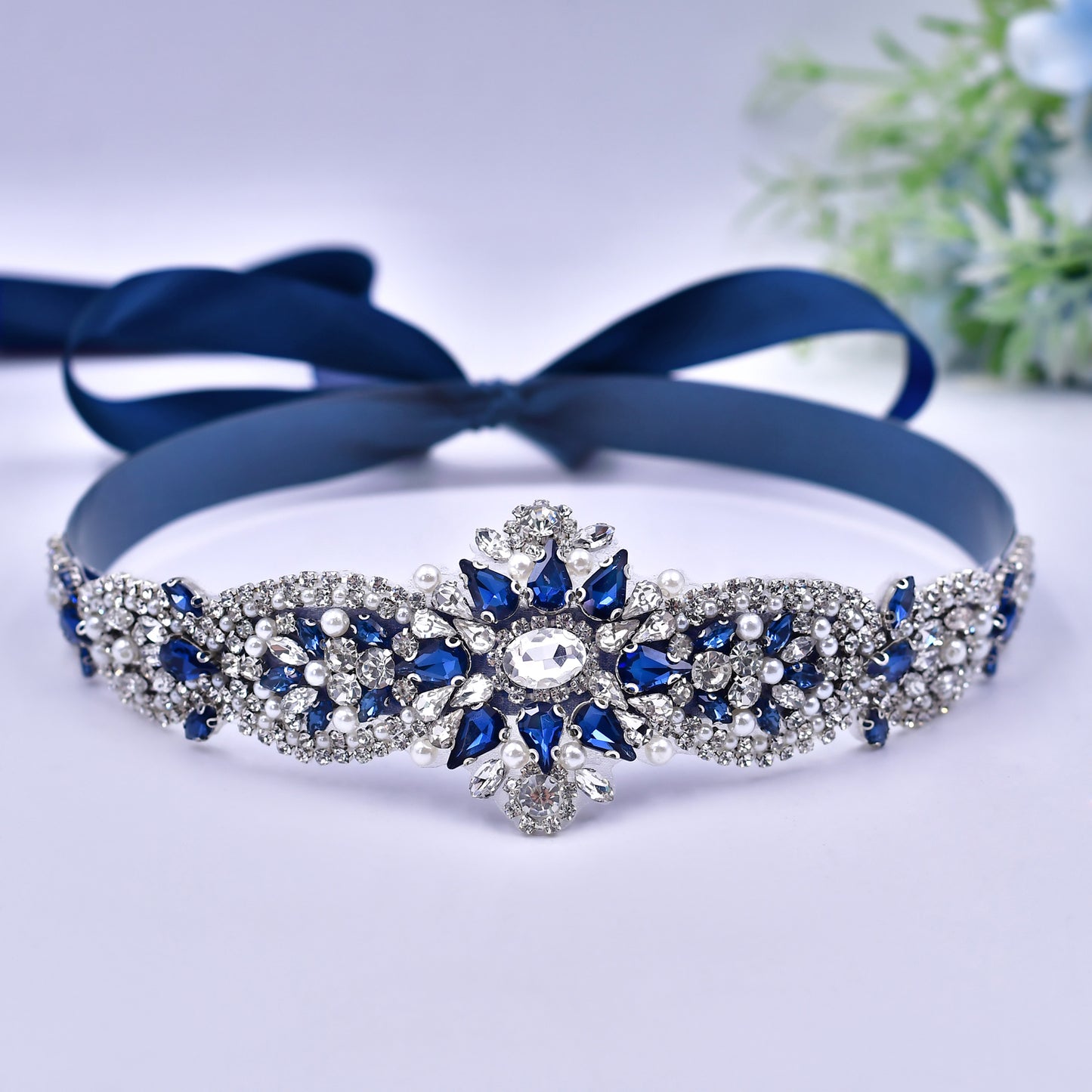 BRIDELLA BS84ML Navy Blue Dress Belt Dark Blue Diamond Handmade Beaded Luxury  Womens Belt Wedding