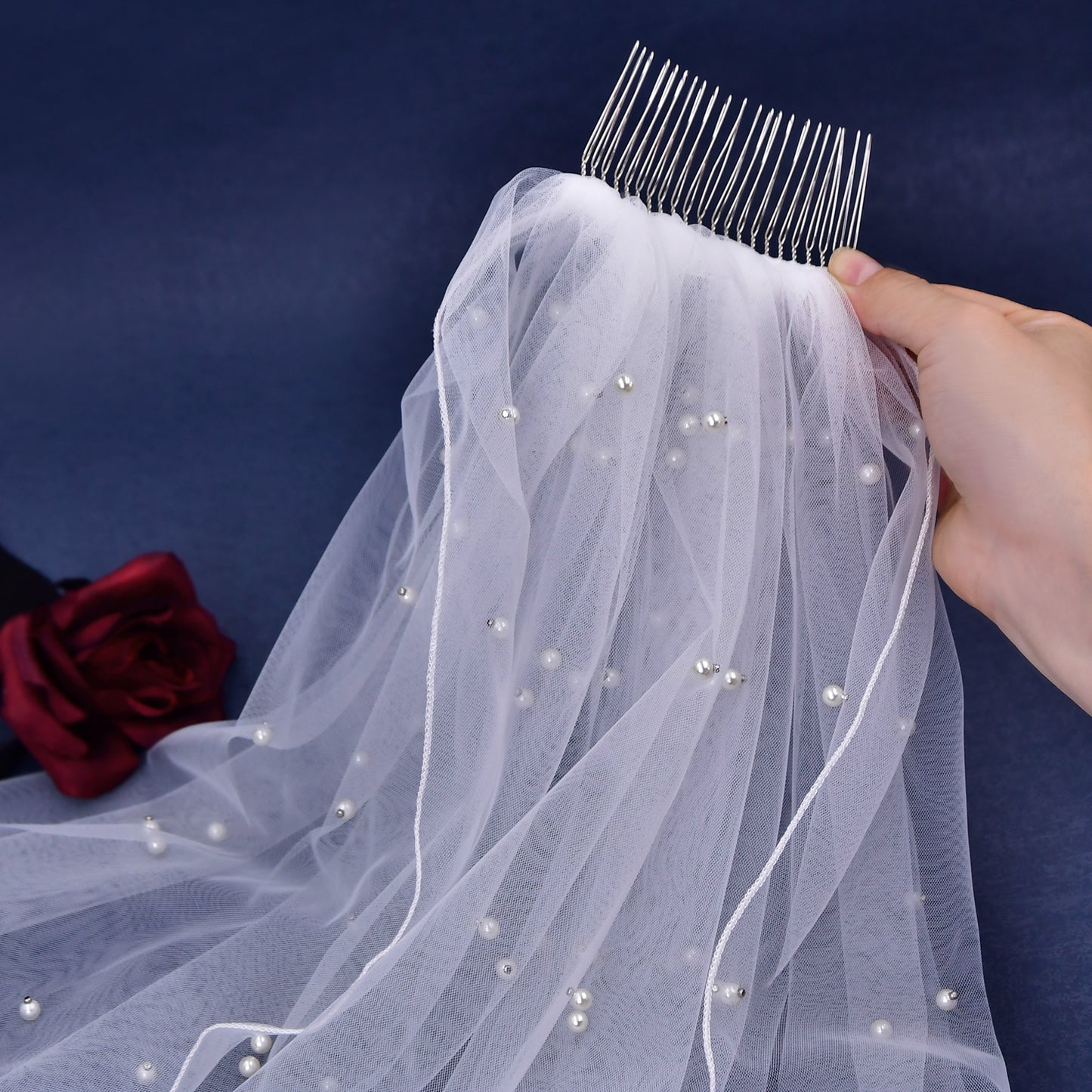 BRIDELLA BV06 Short Lock Edge Pearl Beaded Veil Single Layer With Hair Comb Bride Wedding Veil Accessories