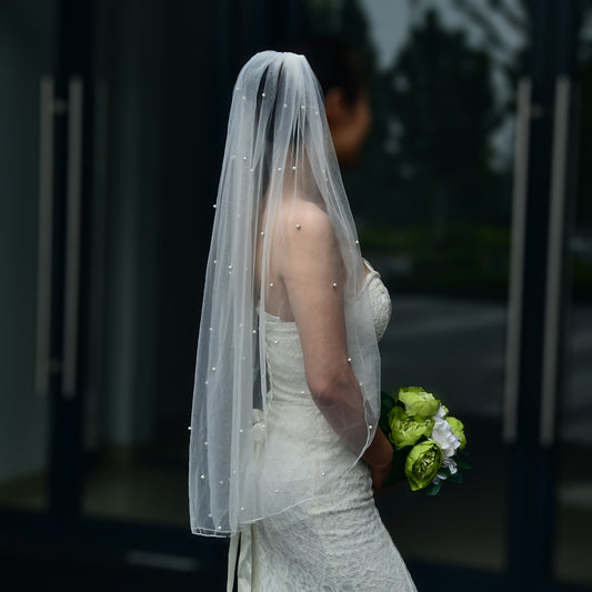 BRIDELLA BV06 Short Lock Edge Pearl Beaded Veil Single Layer With Hair Comb Bride Wedding Veil Accessories