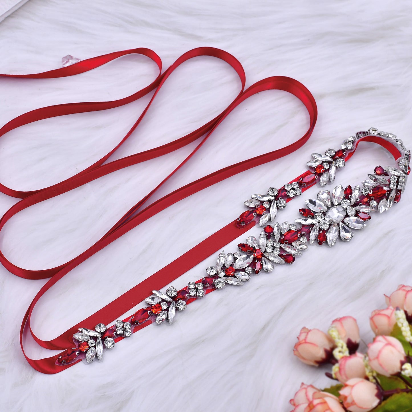 BRIDELLA BS122R Womens Dress Diamond Belt Female Guest Burgundy Dress Clothing Tie Belt