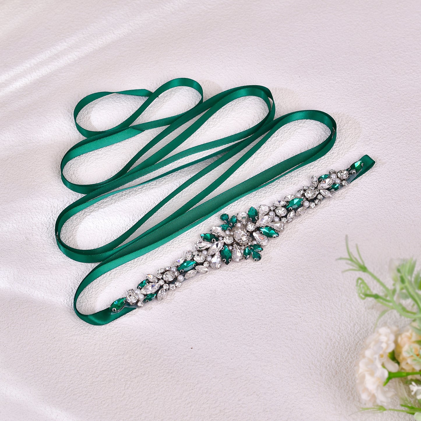 BRIDELLA BS133KL Green Light Luxury Thin Satin Dress Belt Emerald Diamond Belt Womens Accessories Emerald Diamond