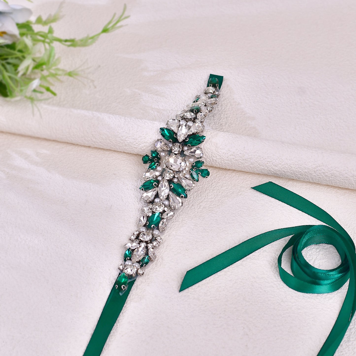 BRIDELLA BS133KL Green Light Luxury Thin Satin Dress Belt Emerald Diamond Belt Womens Accessories Emerald Diamond