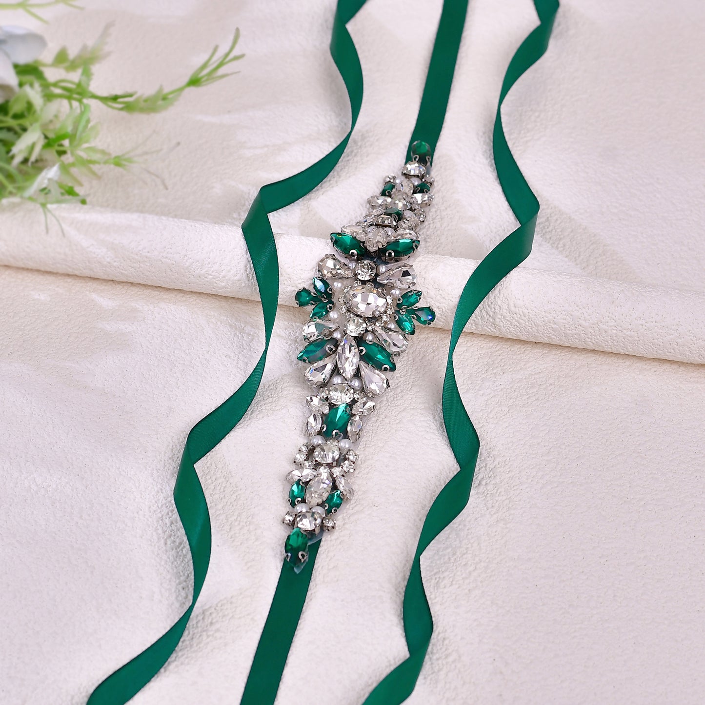 BRIDELLA BS133KL Green Light Luxury Thin Satin Dress Belt Emerald Diamond Belt Womens Accessories Emerald Diamond