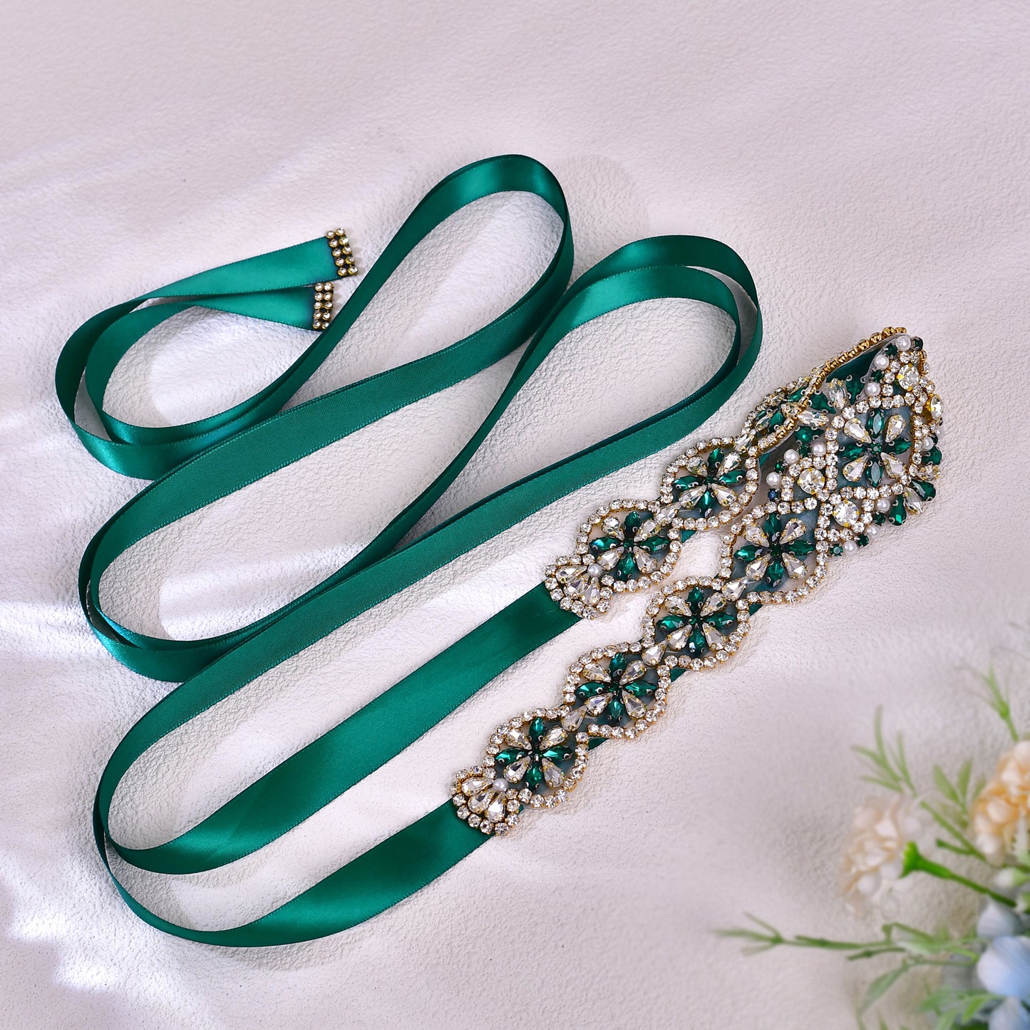 BRIDELLA BS161KL Emerald Diamond Decoration Green Wedding Belt  For Women Classic Emerald Tie Belt