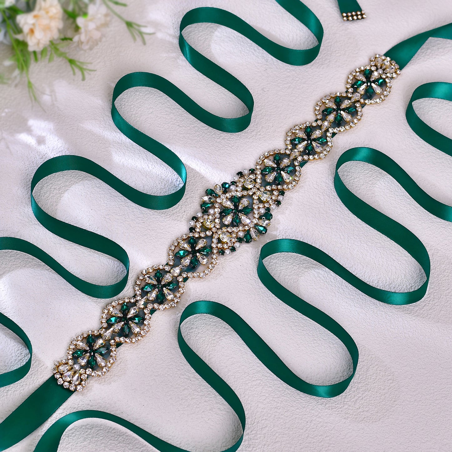 BRIDELLA BS161KL Emerald Diamond Decoration Green Wedding Belt  For Women Classic Emerald Tie Belt