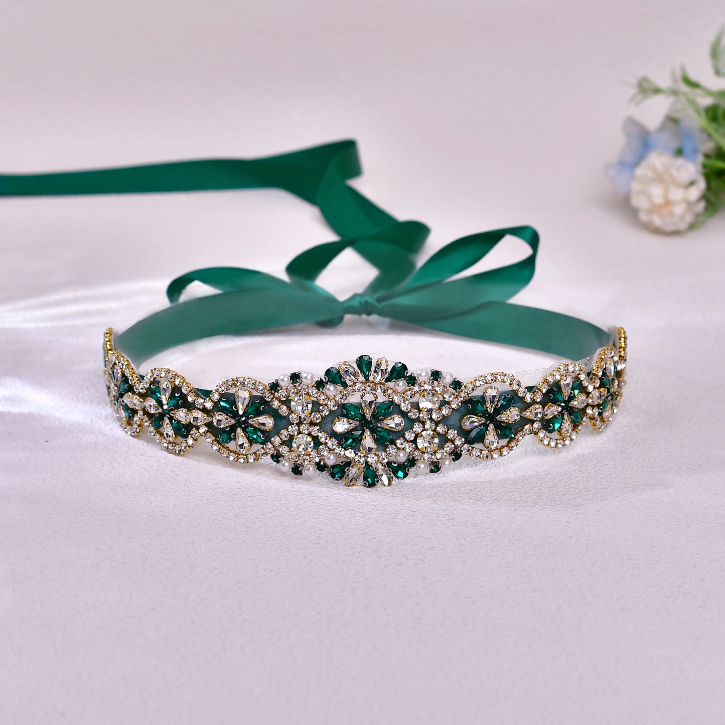 BRIDELLA BS161KL Emerald Diamond Decoration Green Wedding Belt  For Women Classic Emerald Tie Belt