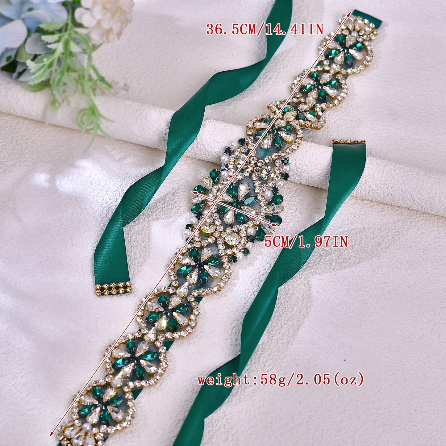 BRIDELLA BS161KL Emerald Diamond Decoration Green Wedding Belt  For Women Classic Emerald Tie Belt