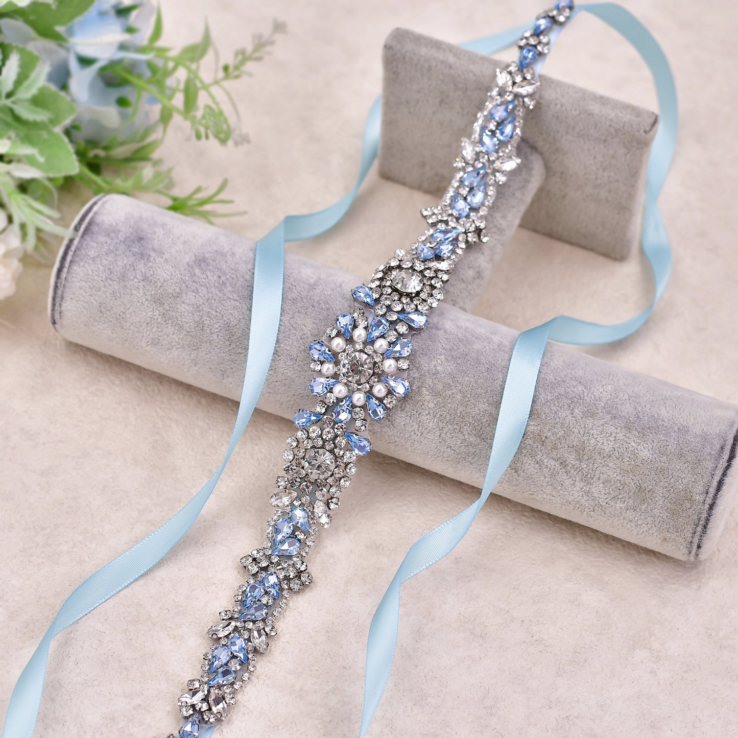 BRIDELLA BS351 Light Blue Diamond Dress Belt Wedding Party Wedding Accessories