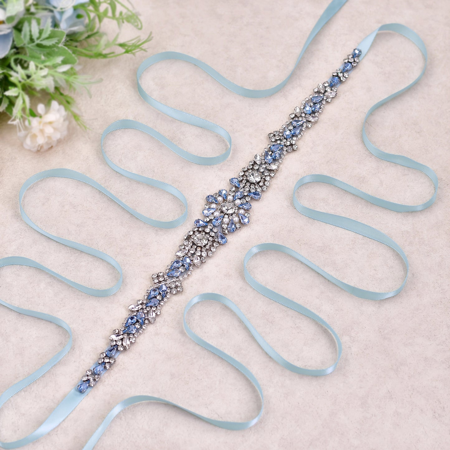 BRIDELLA BS351 Light Blue Diamond Dress Belt Wedding Party Wedding Accessories