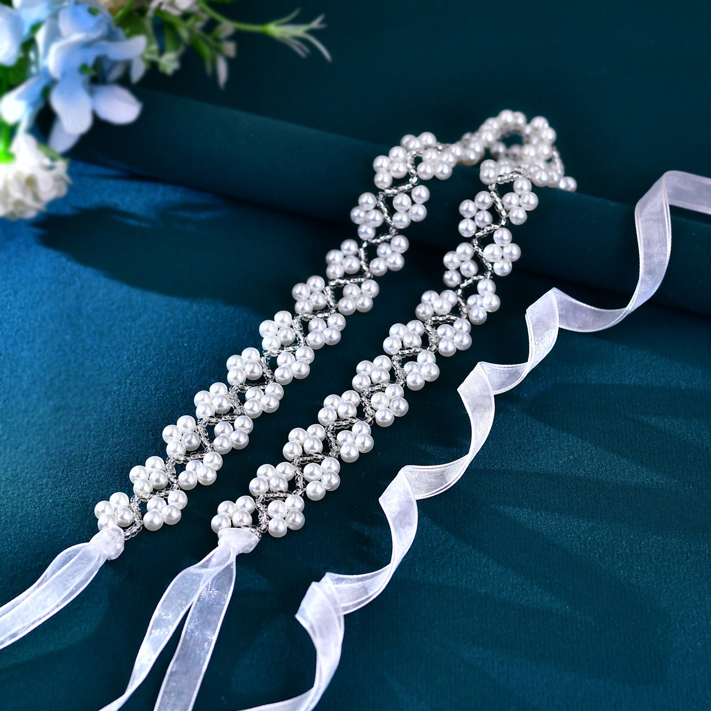 BRIDELLA BS147 Womens Party Dress Belts Elegant Pearl Womens Belts Organza Ties
