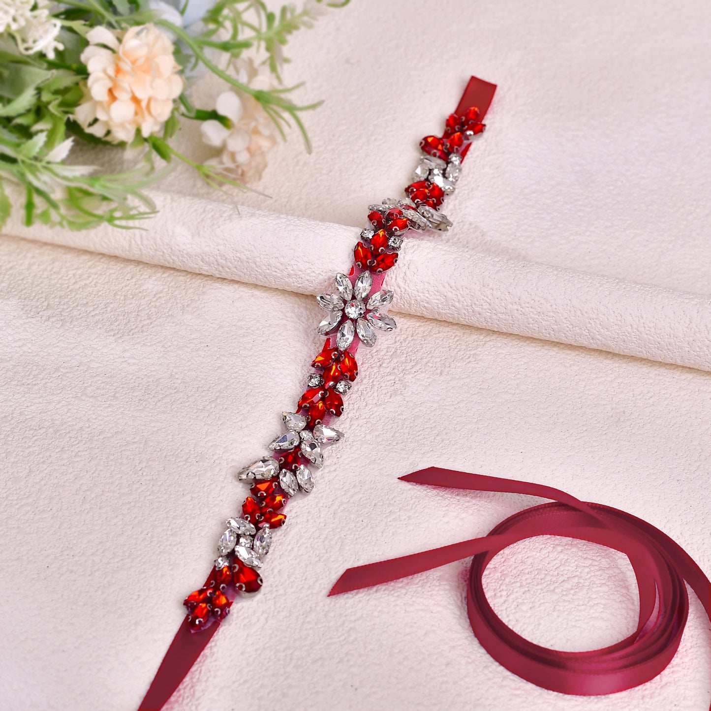 BRIDELLA BS174R Burgundy Womens High-End Dress Belt Luxury Diamond Christmas Clothing Waist Accessories Gifts