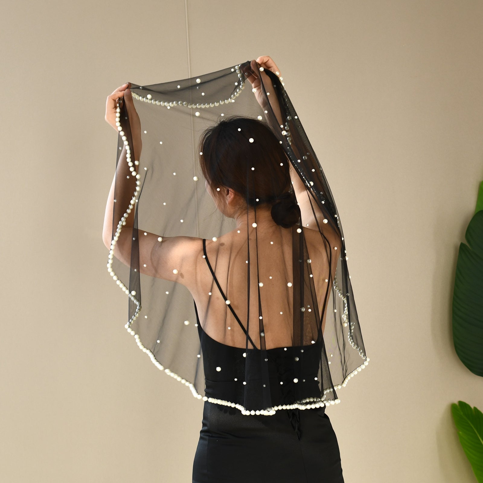 V266-BN1 black pearl mesh veil