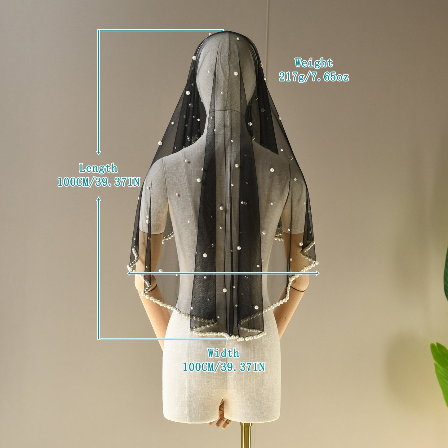 V266-BN1 black pearl mesh veil