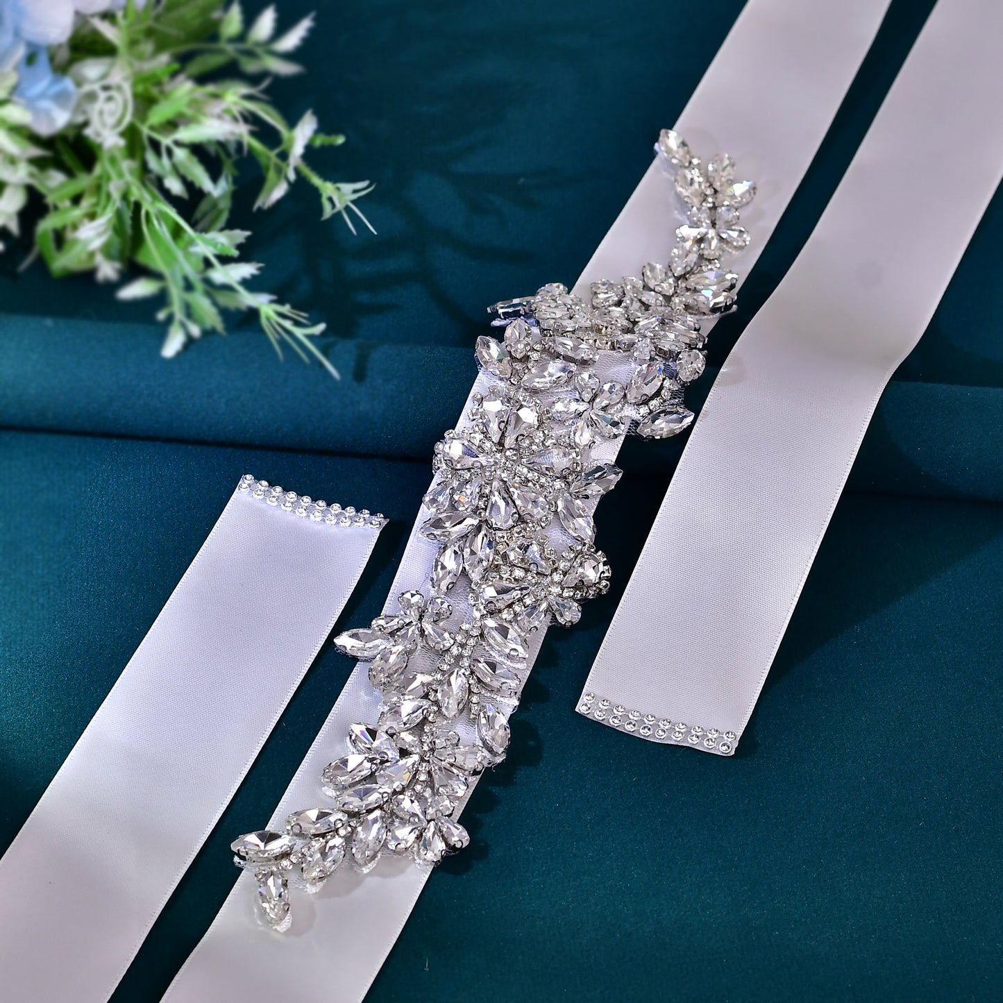BRIDELLA BS283 Exquisite Silver Diamond Embroidered Wide Belt Womens Wedding Dress Accessories