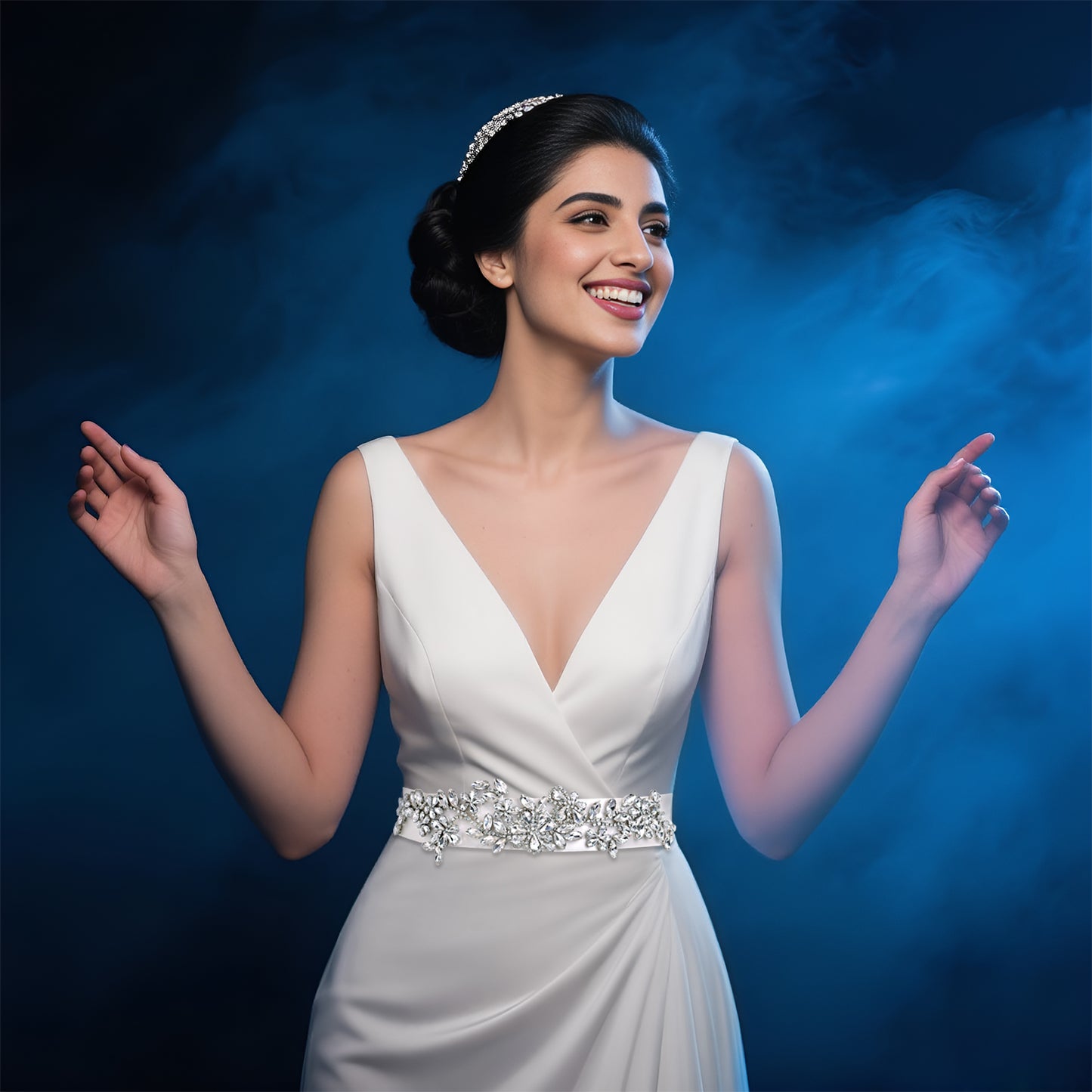 BRIDELLA BS283 Exquisite Silver Diamond Embroidered Wide Belt Womens Wedding Dress Accessories