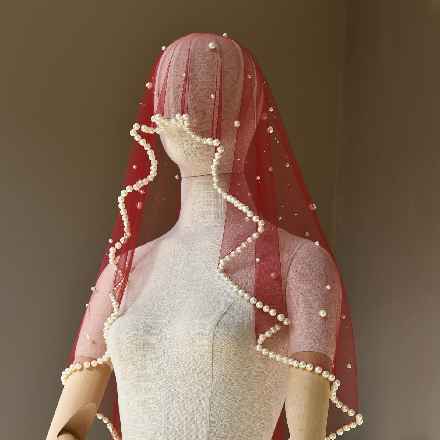 V267-JN1 burgundy pearl mesh veil