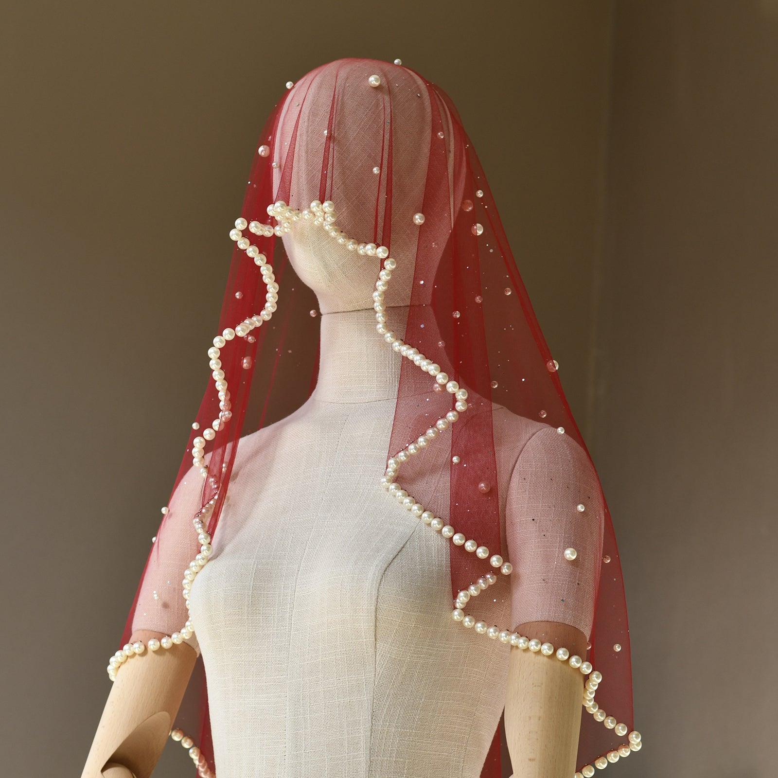 V267-JN1 burgundy pearl mesh veil