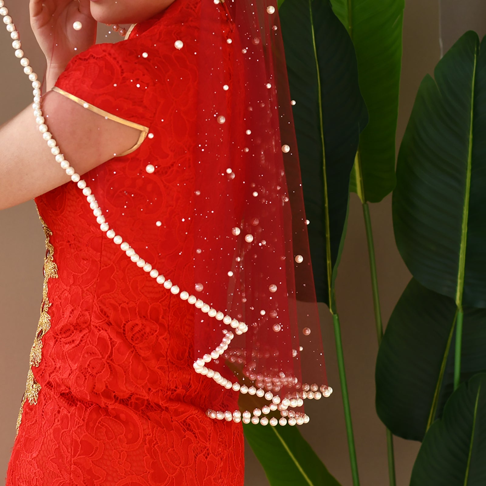 V267-JN1 burgundy pearl mesh veil