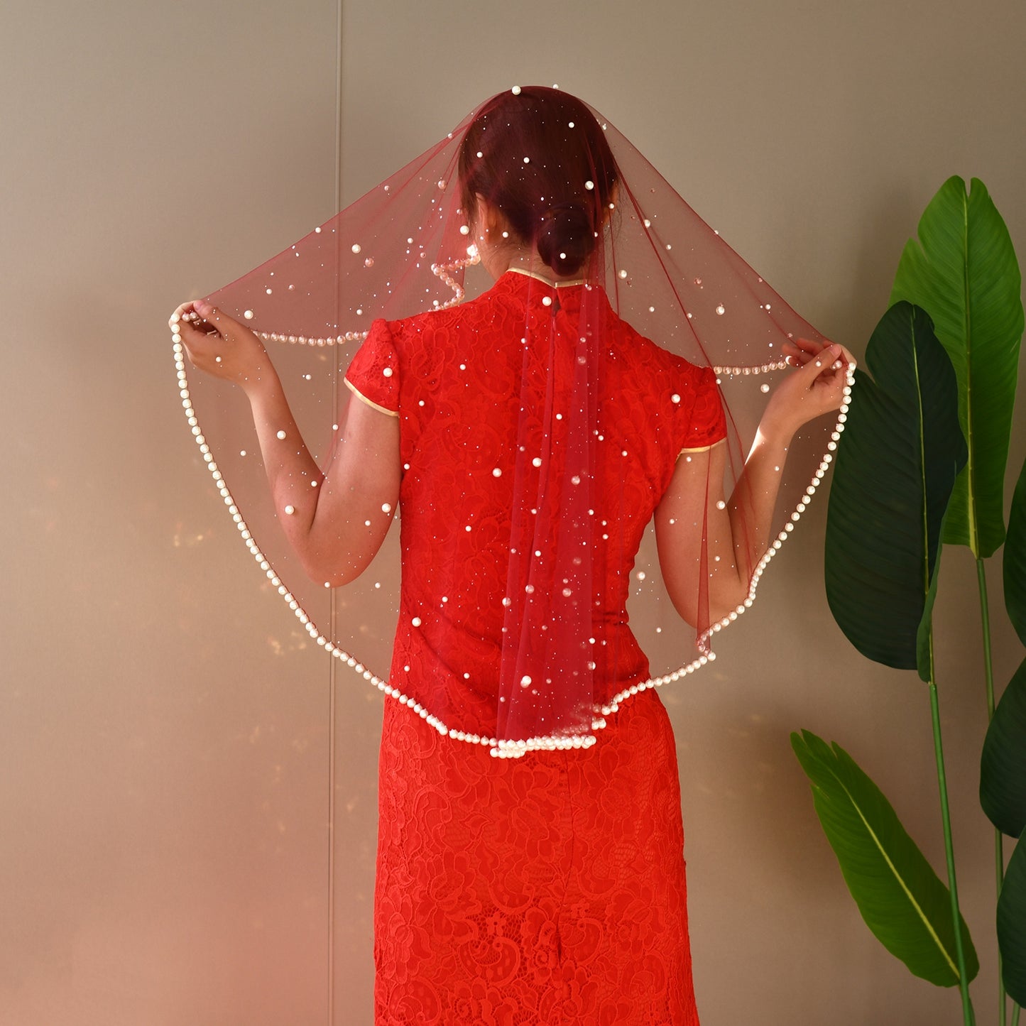 V267-JN1 burgundy pearl mesh veil