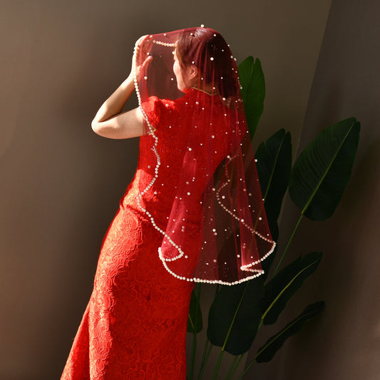 V267-JN1 burgundy pearl mesh veil