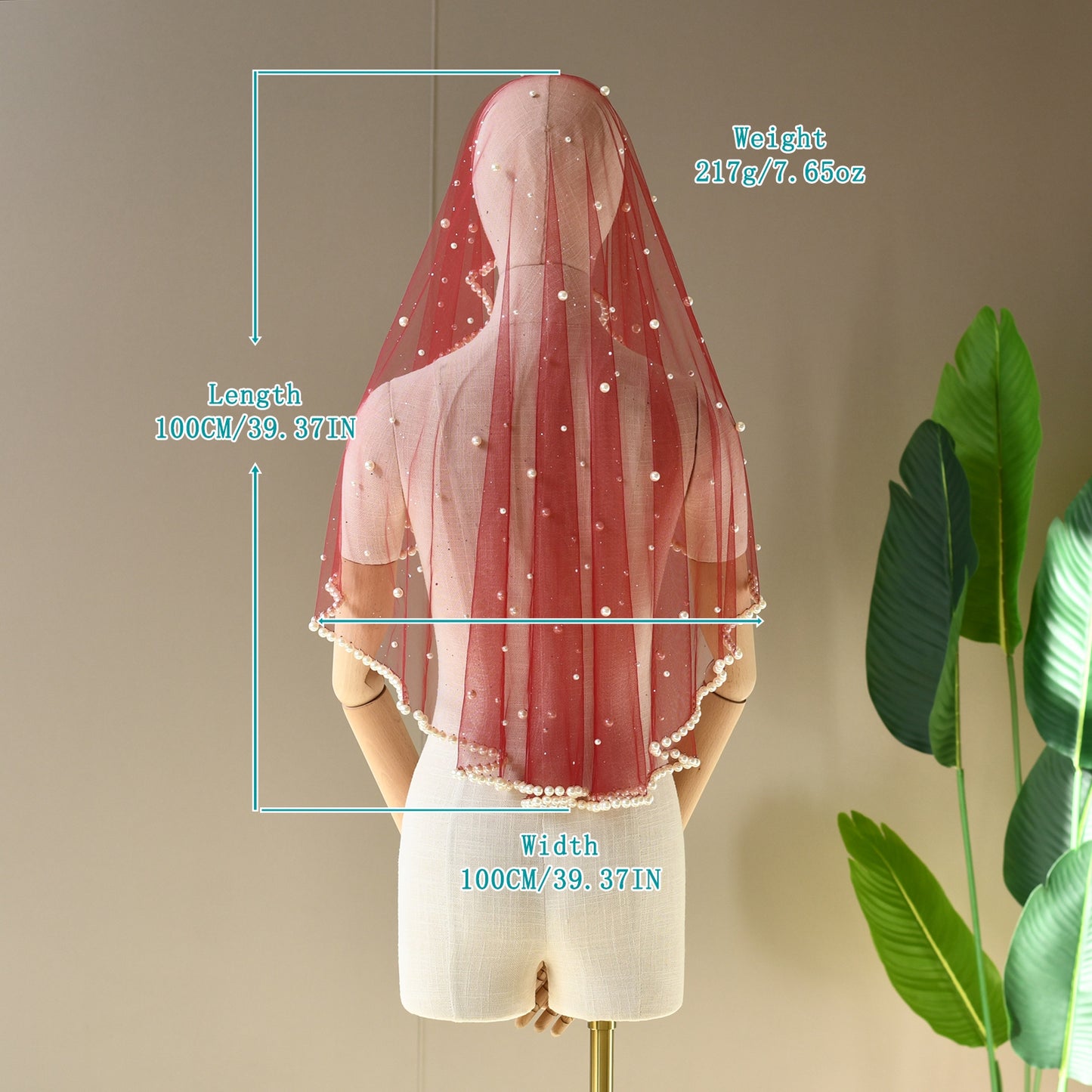 V267-JN1 burgundy pearl mesh veil