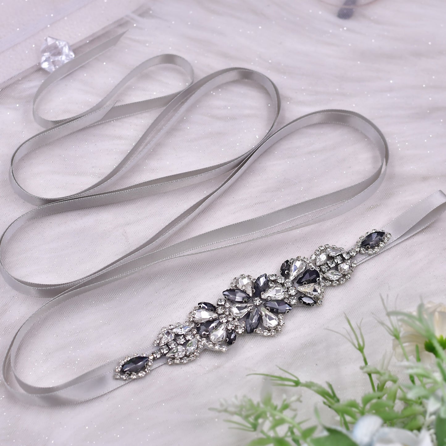 BRIDELLA BS464H Wedding Dress Belt Beautiful Smoke Grey Diamond Skirt Waist Accessories