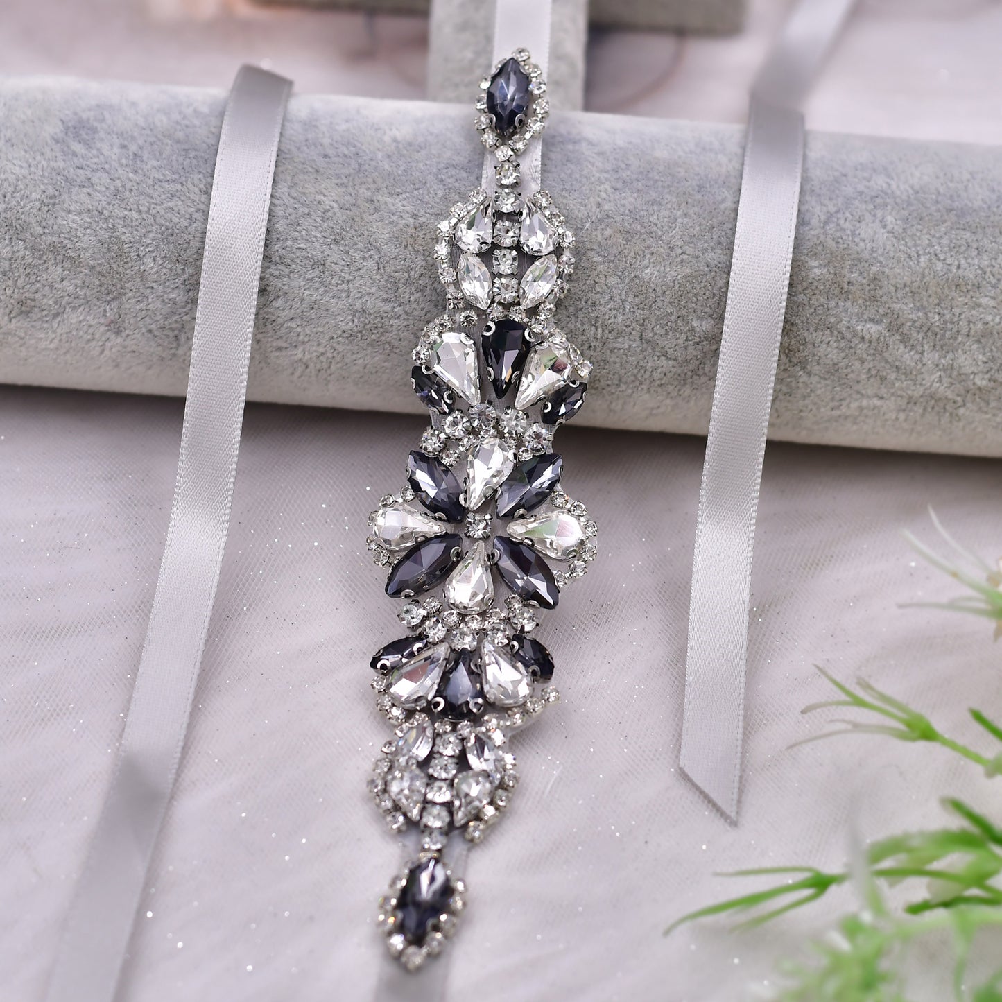 BRIDELLA BS464H Wedding Dress Belt Beautiful Smoke Grey Diamond Skirt Waist Accessories
