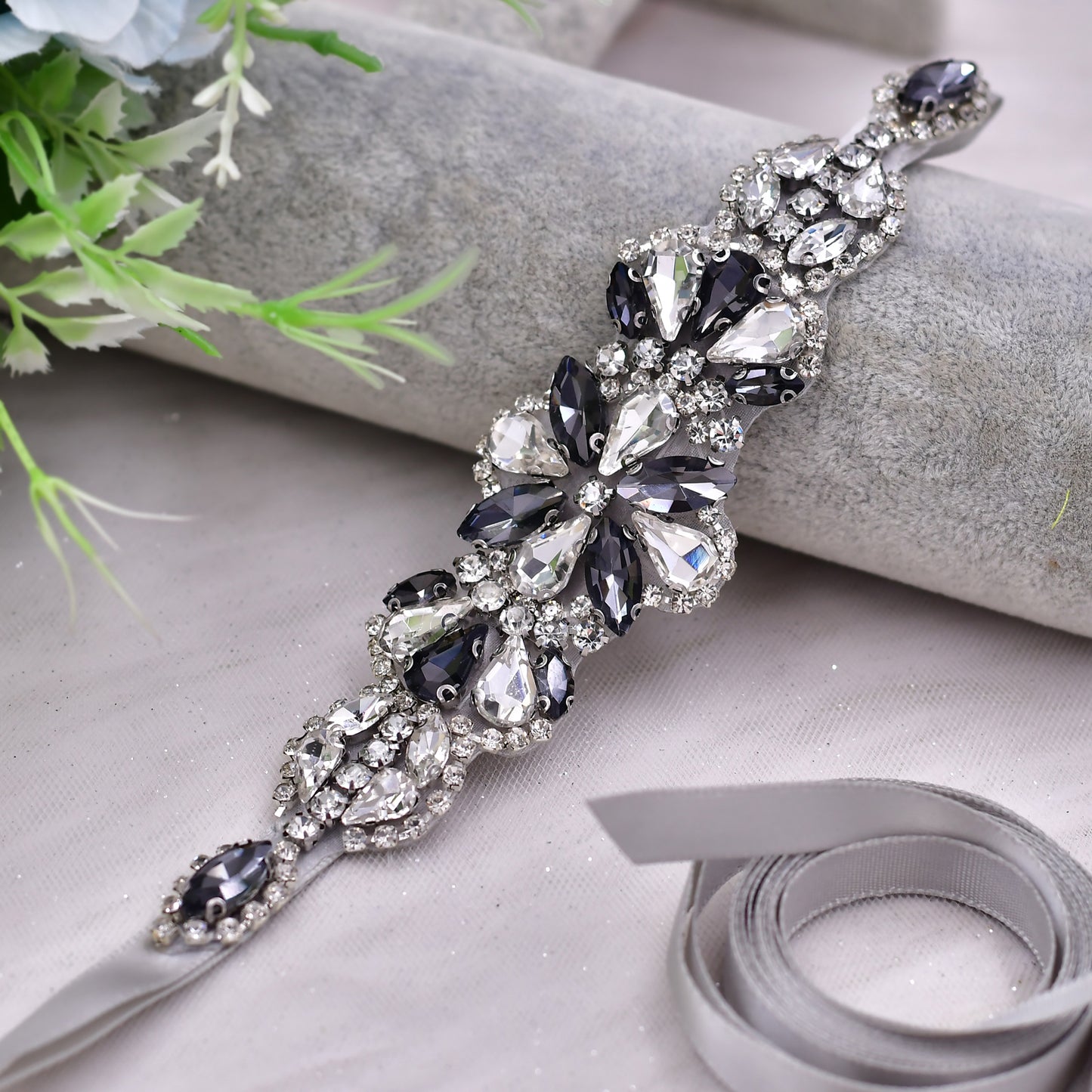 BRIDELLA BS464H Wedding Dress Belt Beautiful Smoke Grey Diamond Skirt Waist Accessories