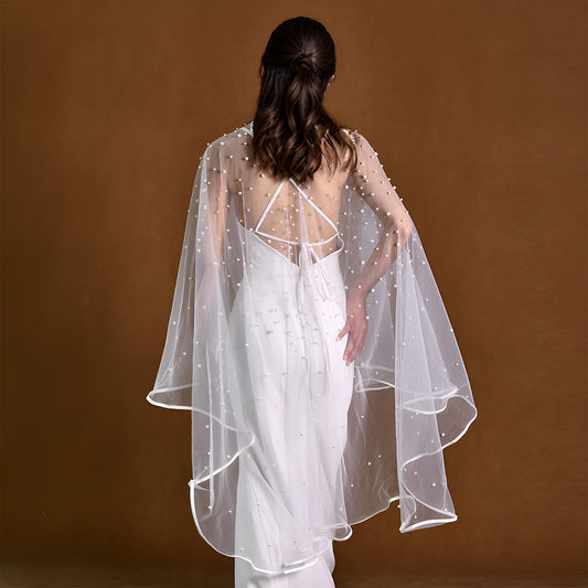 BRIDELLA BMG14 Mid-Length Bridal Cape Church Wedding Gloves Cloak Imitation Pearl Decoration Pin Fixed Covering Arm Dress Accessories