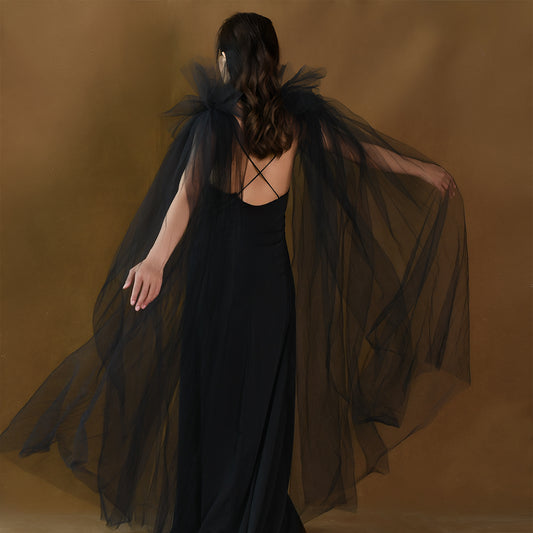 BRIDELLA BMG52 Black Long Shawl Fake Sleeves Detachable Double Shoulder Accessories Stage Performance Props