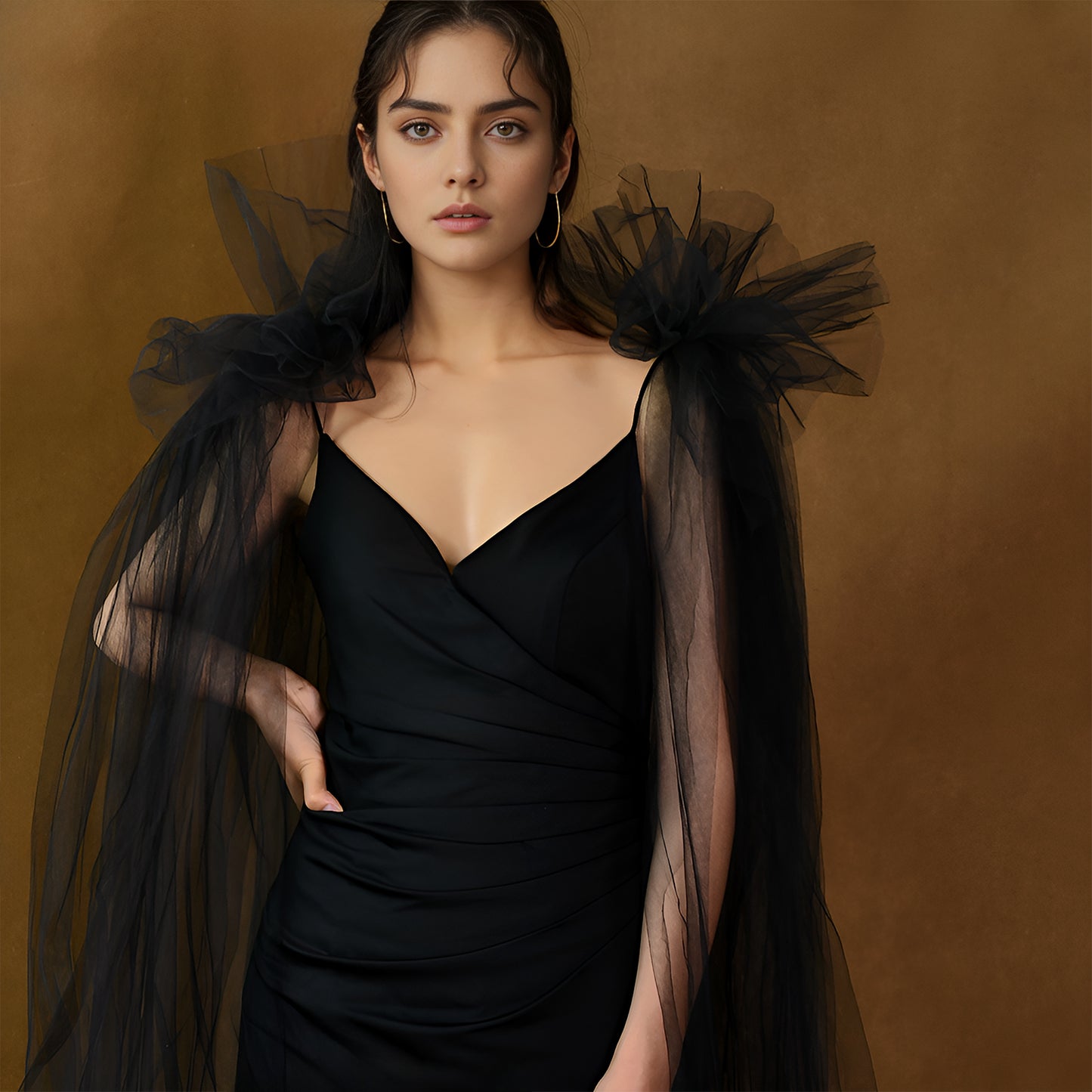 BRIDELLA BMG52 Black Long Shawl Fake Sleeves Detachable Double Shoulder Accessories Stage Performance Props
