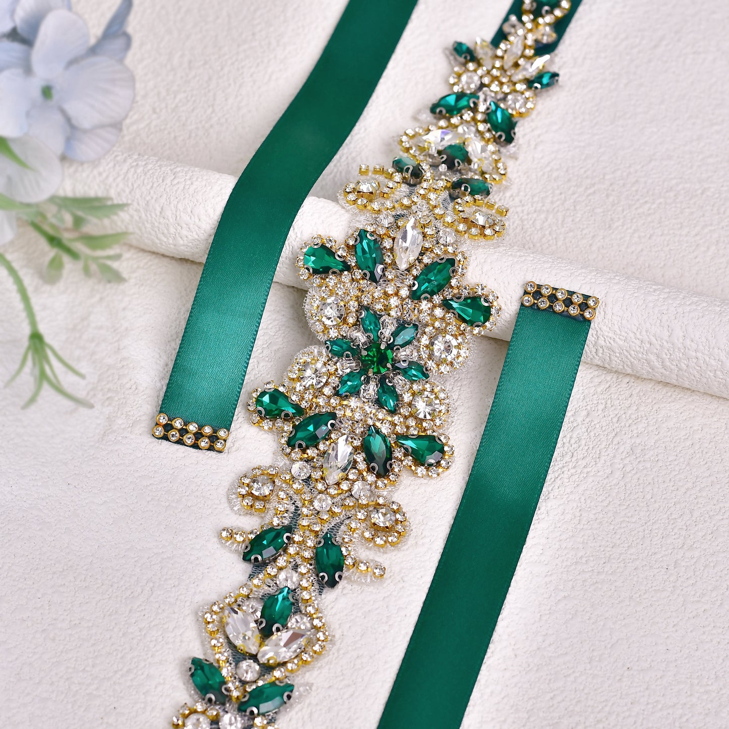 BRIDELLA BS12KL Rhinestone Decorative Belt - Emerald Shiny Adjustable Waist Cinching Wedding Dress