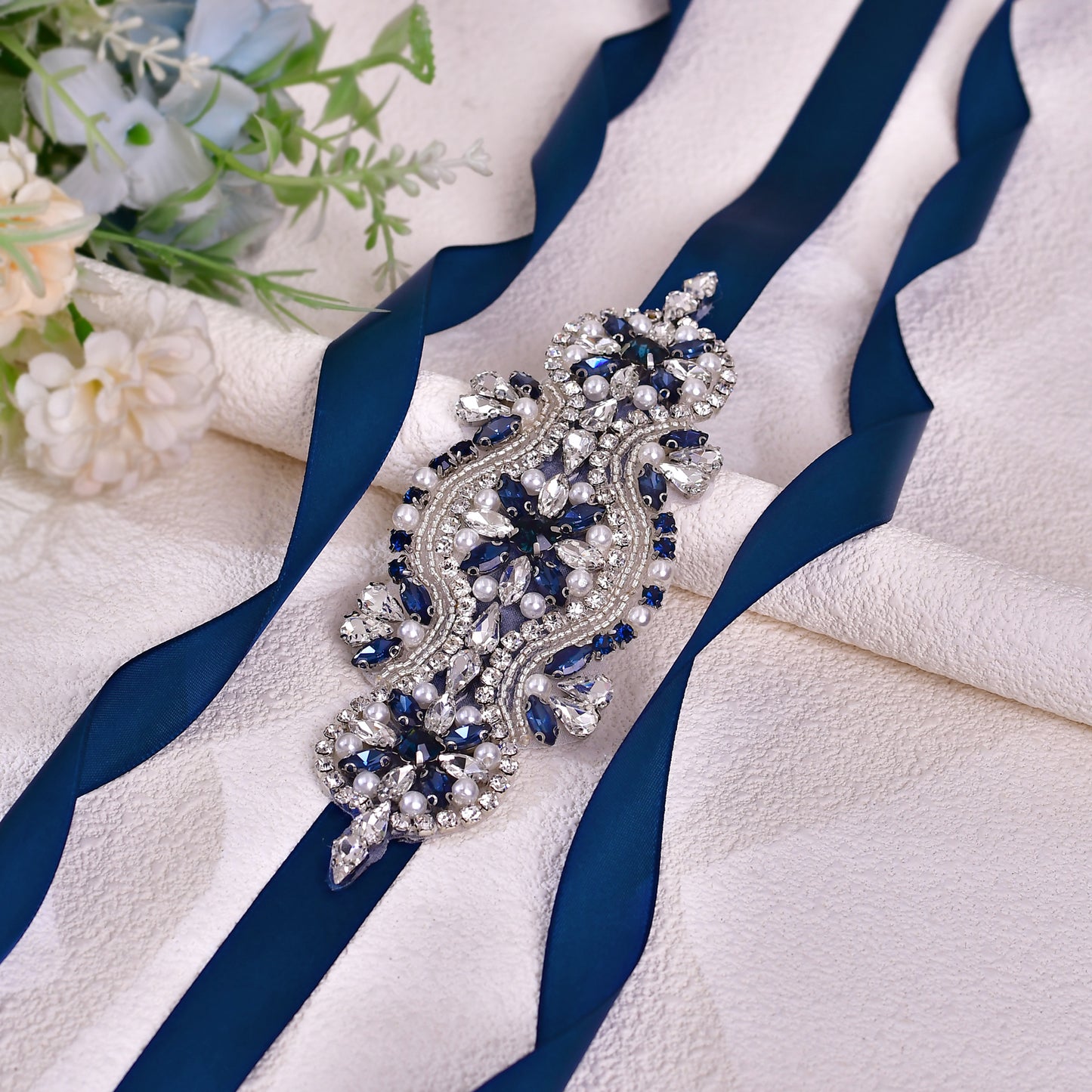 BRIDELLA BS05ML  Handmade Beaded Crystal Diamond  Belt Wedding Accessories  Bridal Navy Blue Belt