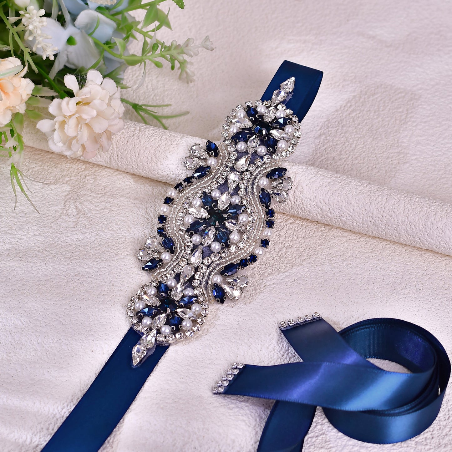 BRIDELLA BS05ML  Handmade Beaded Crystal Diamond  Belt Wedding Accessories  Bridal Navy Blue Belt