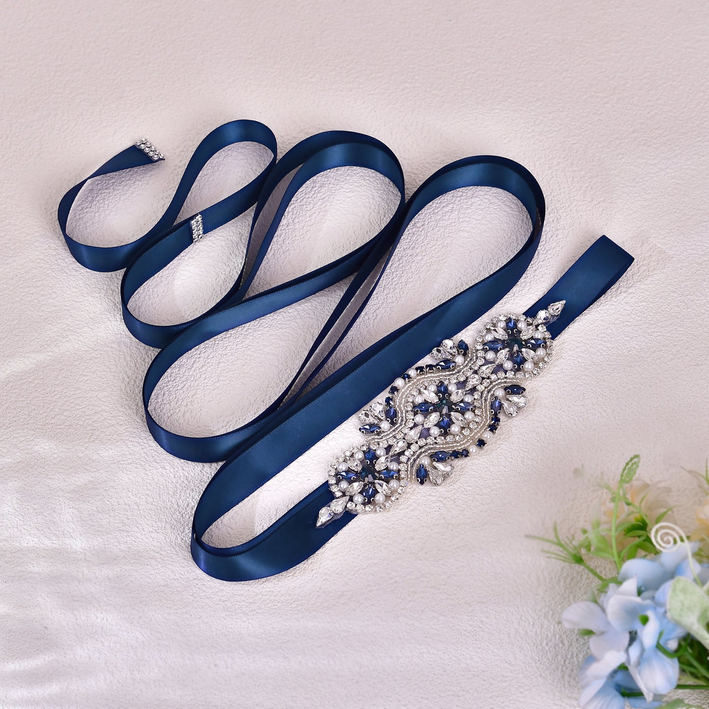 BRIDELLA BS05ML  Handmade Beaded Crystal Diamond  Belt Wedding Accessories  Bridal Navy Blue Belt