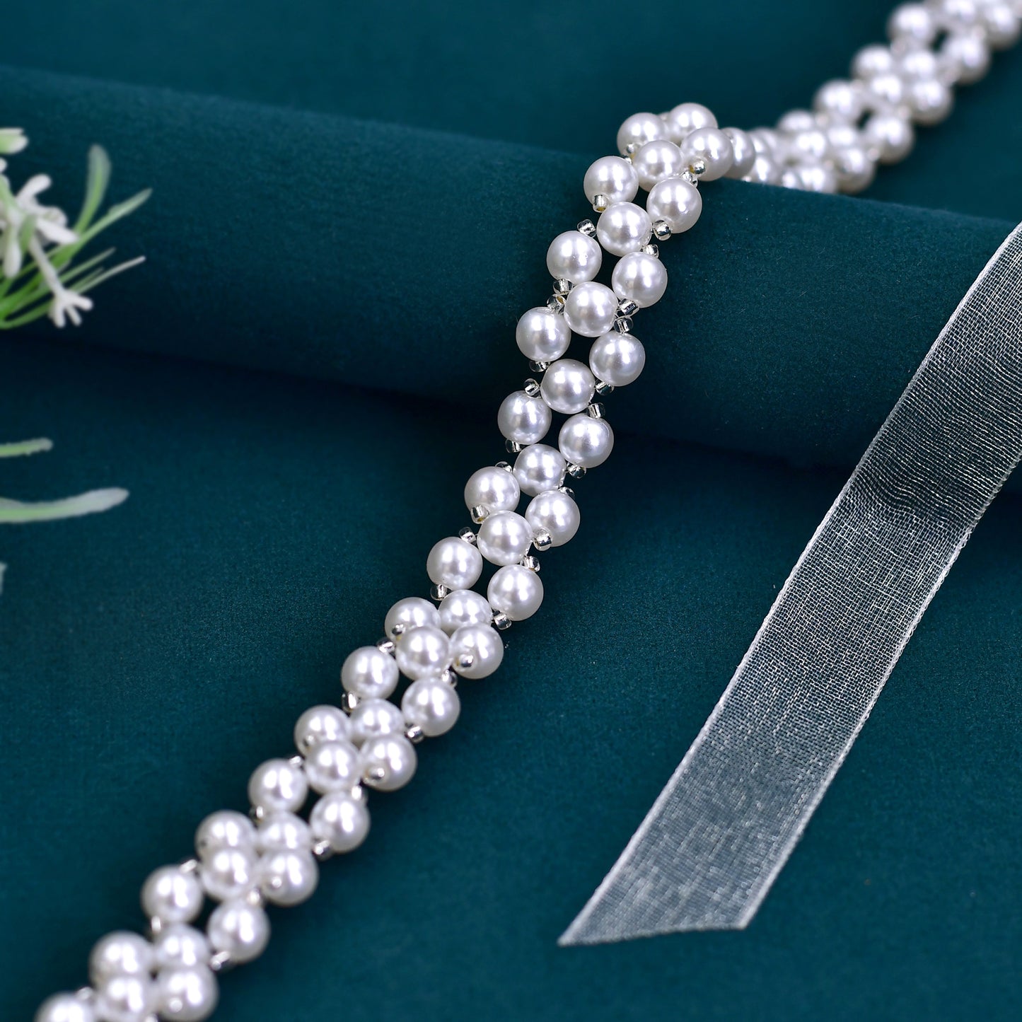 BRIDELLA BS34-I Simple Retro Pearl Belt Organza Brides Belt