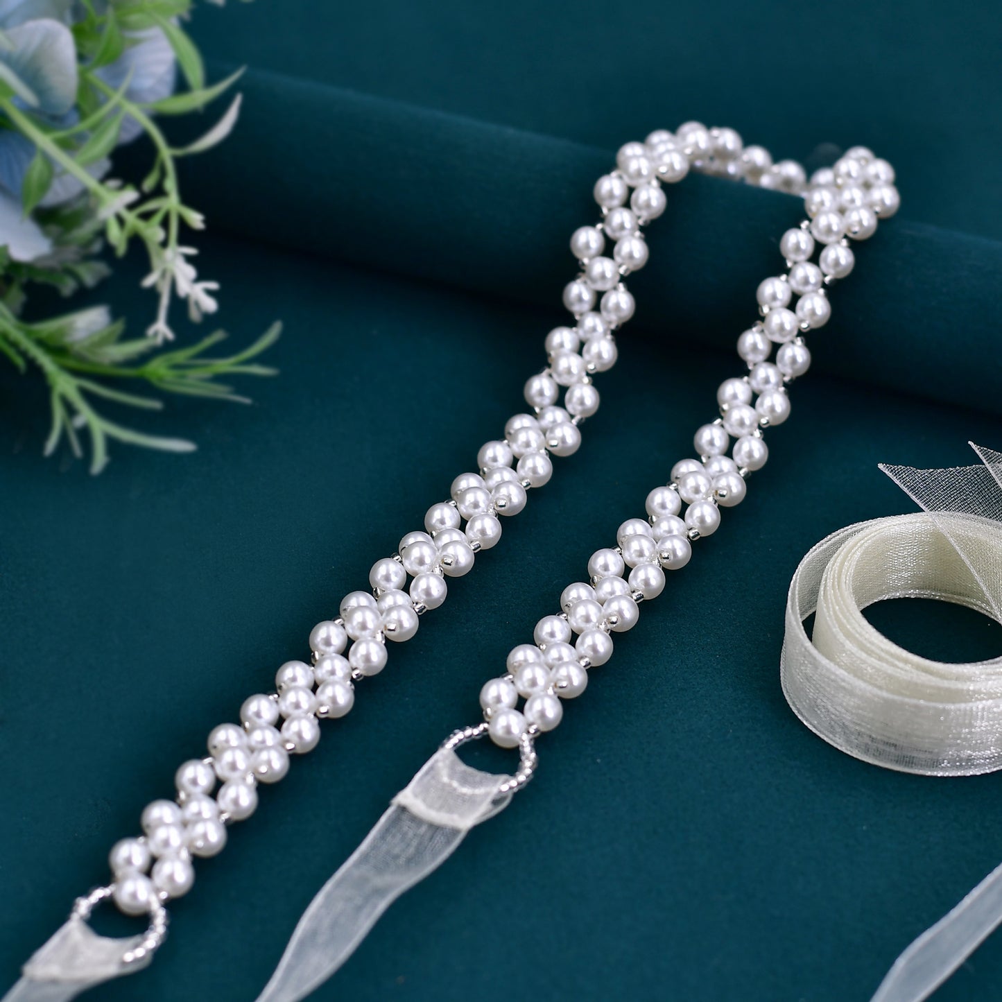 BRIDELLA BS34-I Simple Retro Pearl Belt Organza Brides Belt