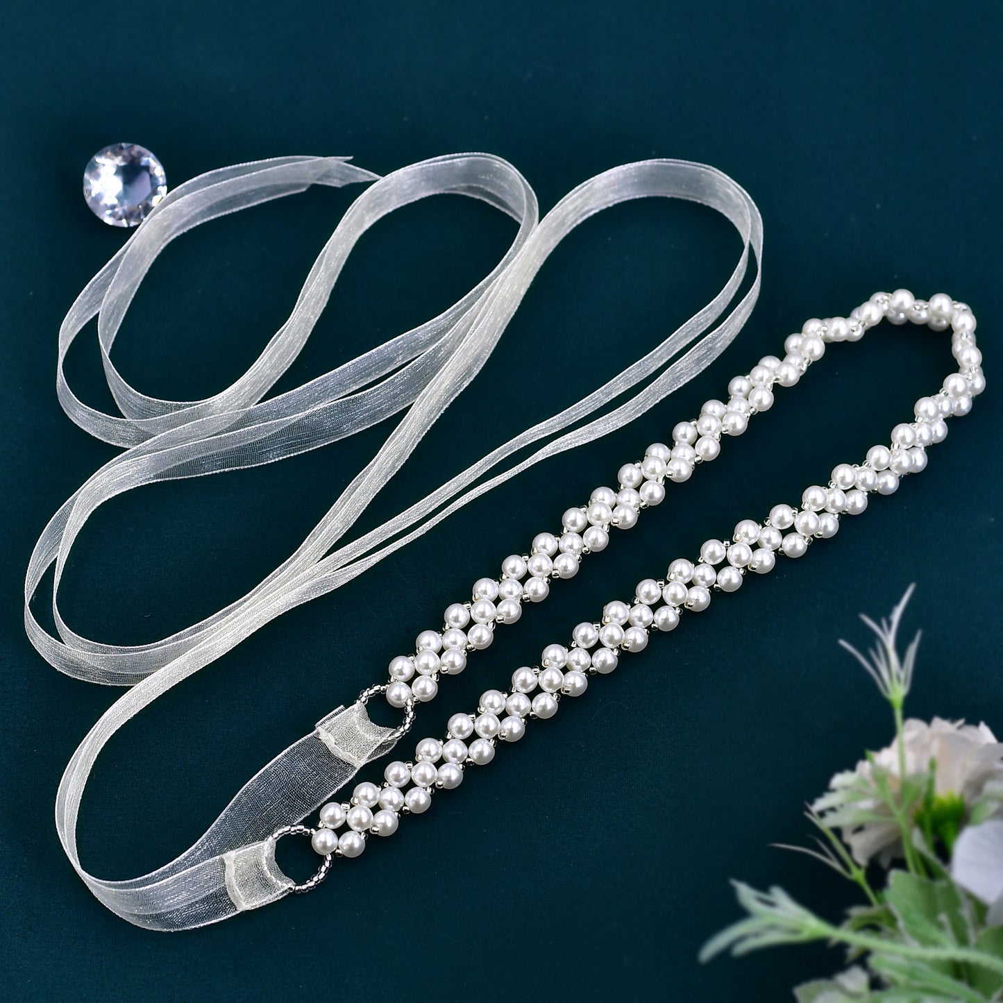 BRIDELLA BS34-I Simple Retro Pearl Belt Organza Brides Belt