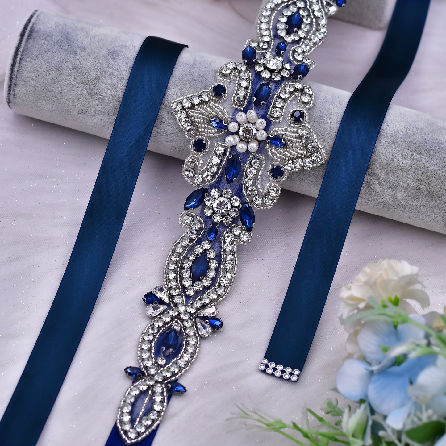 BRIDELLA  BS245ML New Navy Blue Dress Belt Rhinestone Wedding Accessories