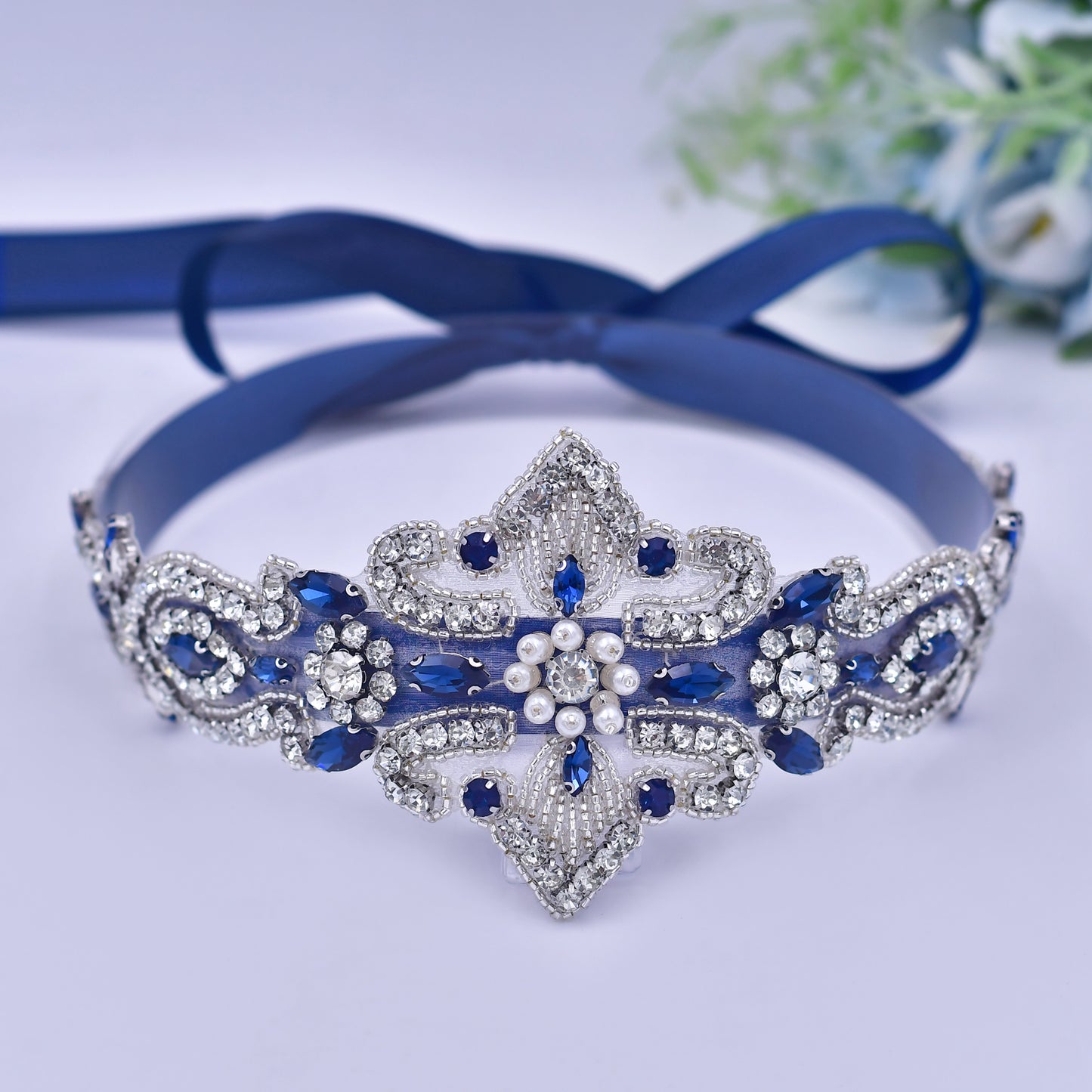 BRIDELLA  BS245ML New Navy Blue Dress Belt Rhinestone Wedding Accessories